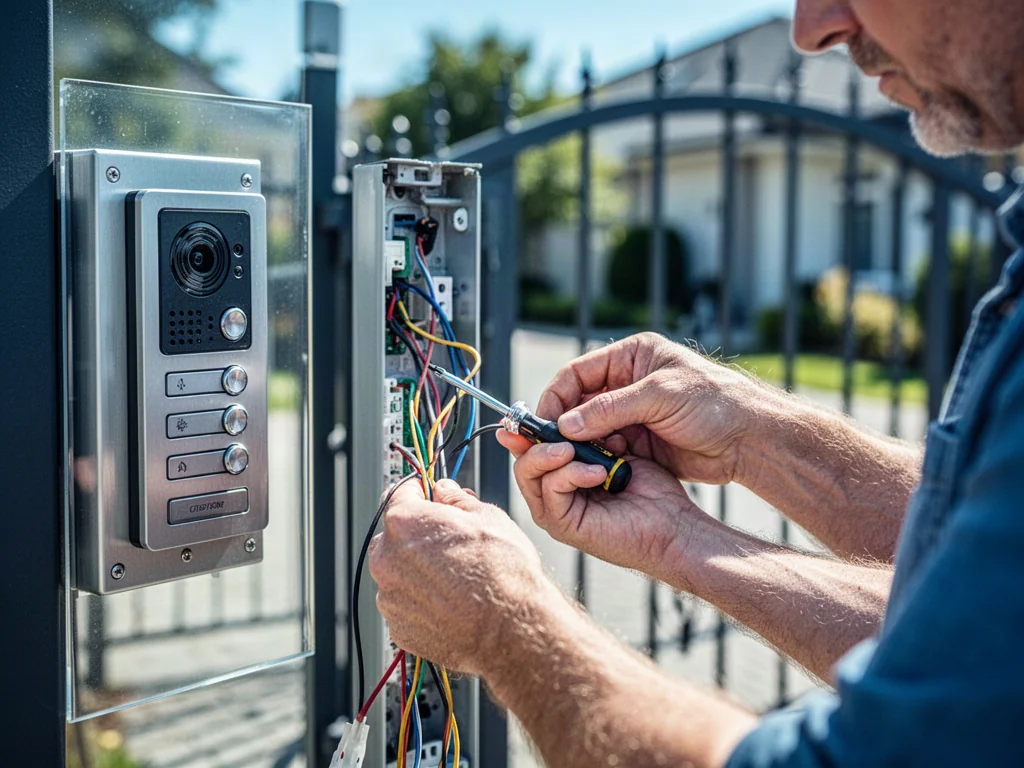 Dłonie elektryka podłączające przewody w panelu domofonu przy furtce za pomocą śrubokręta.