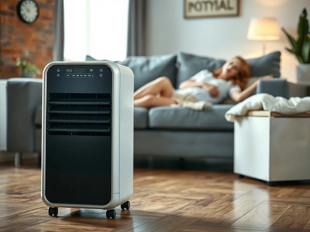 Nowoczesny klimatyzator przenośny stojący w przytulnym salonie, w którym kobieta odpoczywa na kanapie.