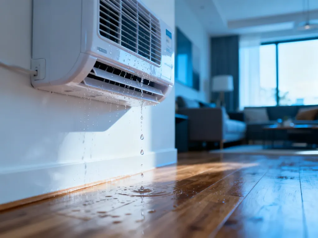 Woda kapiąca z klimatyzatora ściennego na podłogę, ilustrująca problem nieszczelności urządzenia.