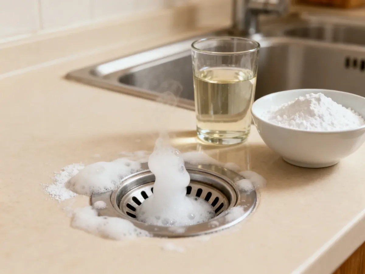 Soda i ocet pieniące się w odpływie zlewu kuchennego