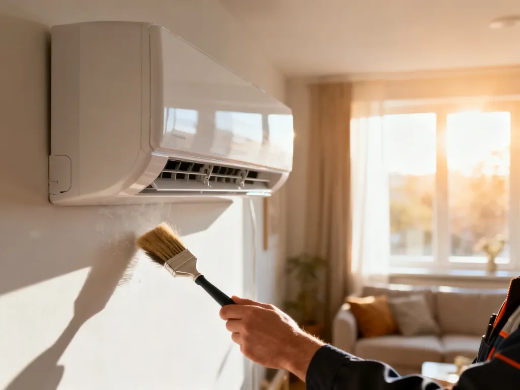 Serwisant czyści nowoczesny klimatyzator ścienny w jasnym salonie, przygotowując urządzenie do sezonu letniego.