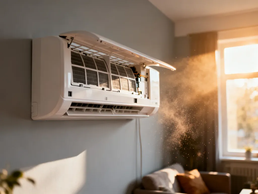 Otwarta jednostka wewnętrzna klimatyzatora z widocznymi filtrami, wymagająca przeglądu technicznego lub czyszczenia.