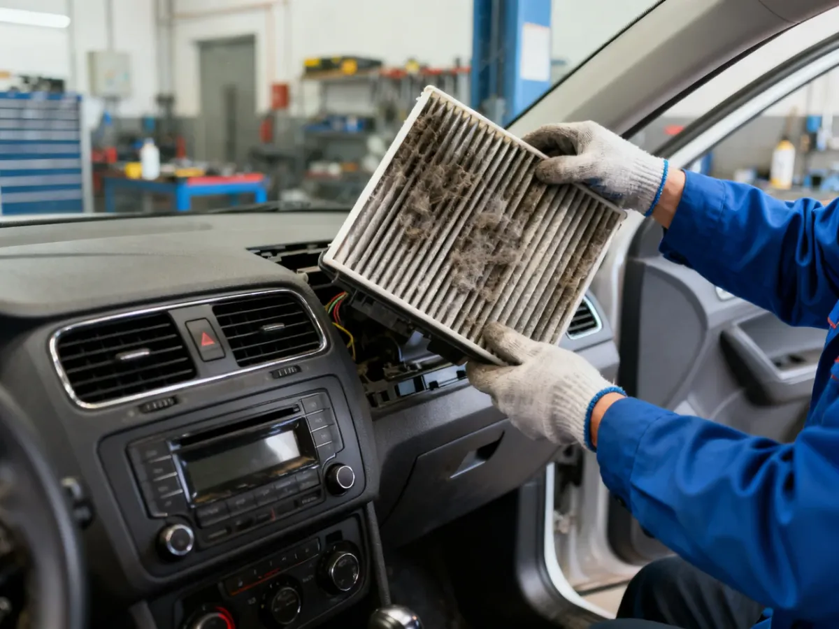 Mechanik wymienia zabrudzony filtr kabinowy w samochodzie