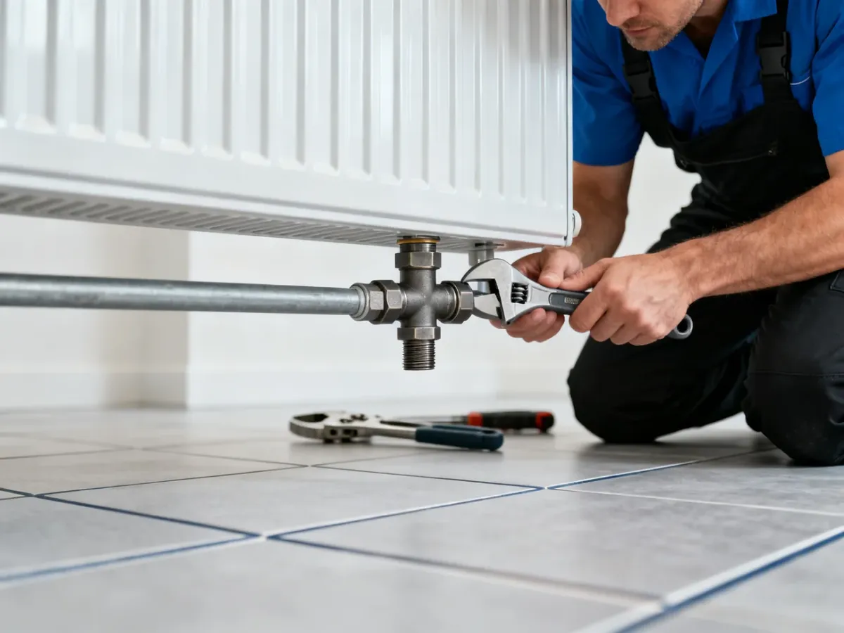 Instalator montujący złącze krzyżowe pod grzejnikiem