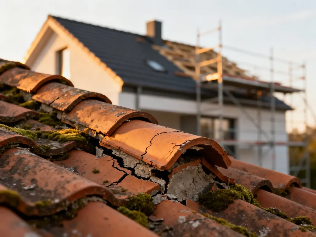 Zniszczone, porośnięte mchem dachówki wymagające naprawy lub wymiany na tle remontowanego dachu z rusztowaniem.