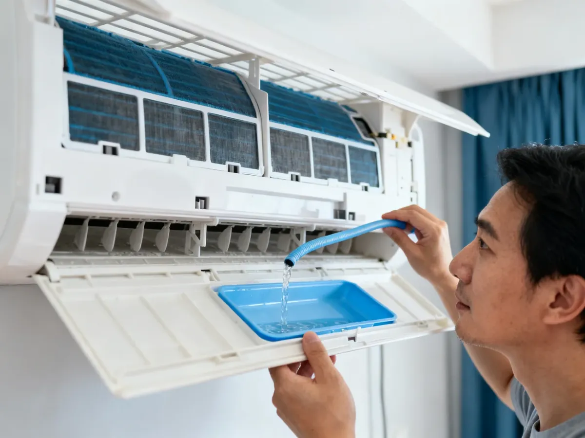 Otwarty klimatyzator z widoczną tacą ociekową, filtrami i rurką odpływu skroplin