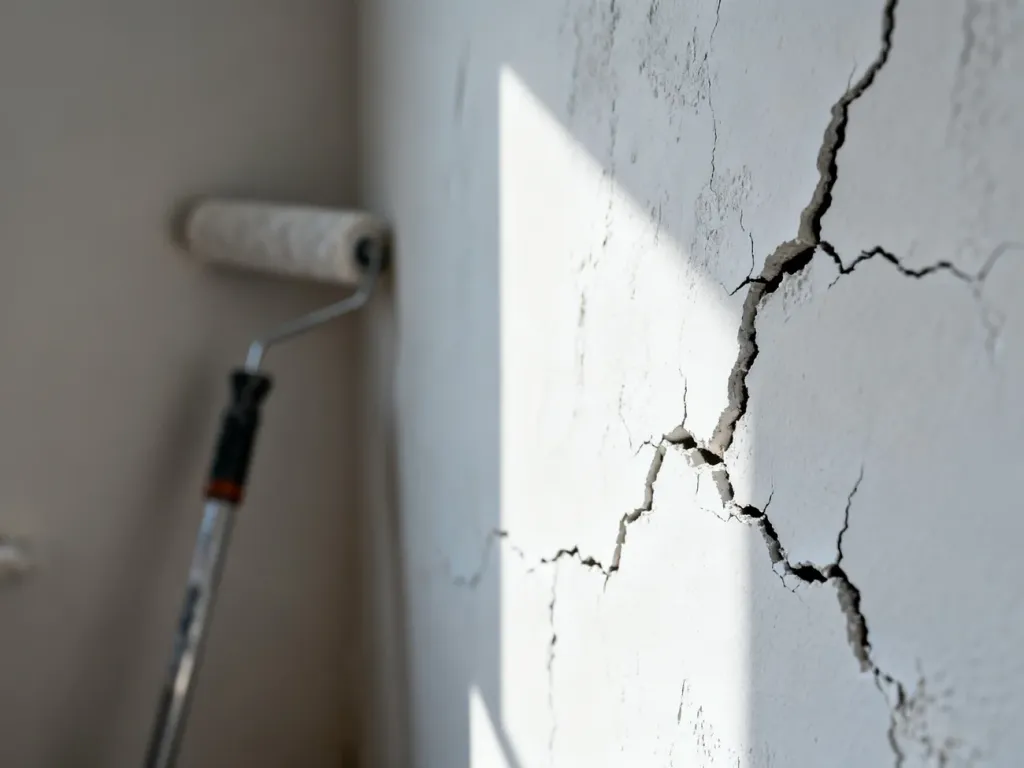 Zbliżenie na pęknięcia w białym tynku ściennym oraz wałek malarski w tle, obrazujące problem uszkodzeń po malowaniu.