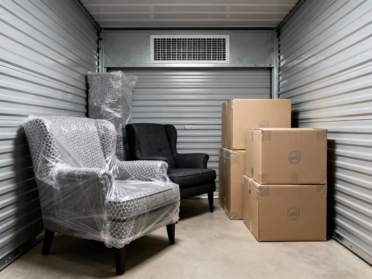 Zabezpieczone meble przechowywane w suchym magazynie self-storage