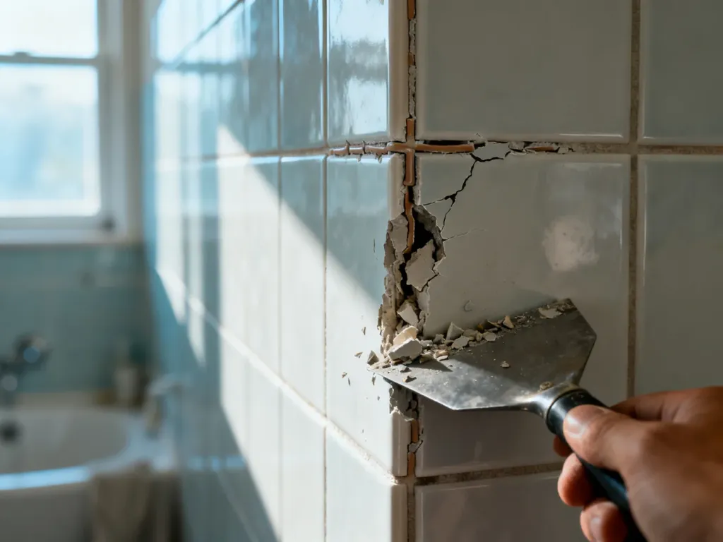 Ręka używająca skrobaka do usuwania starej, wykruszonej fugi między płytkami ceramicznymi w łazience.
