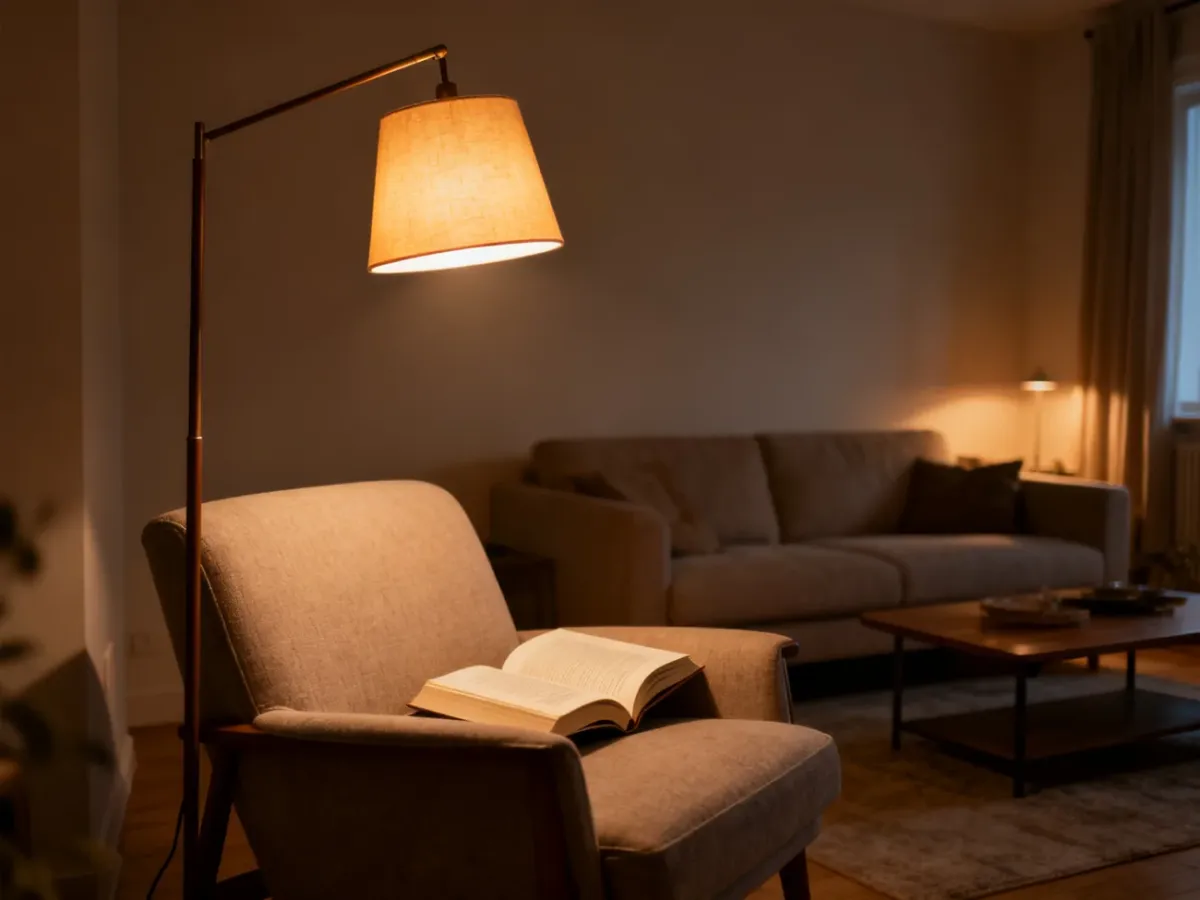 Lampa podłogowa oświetlająca fotel do czytania w salonie
