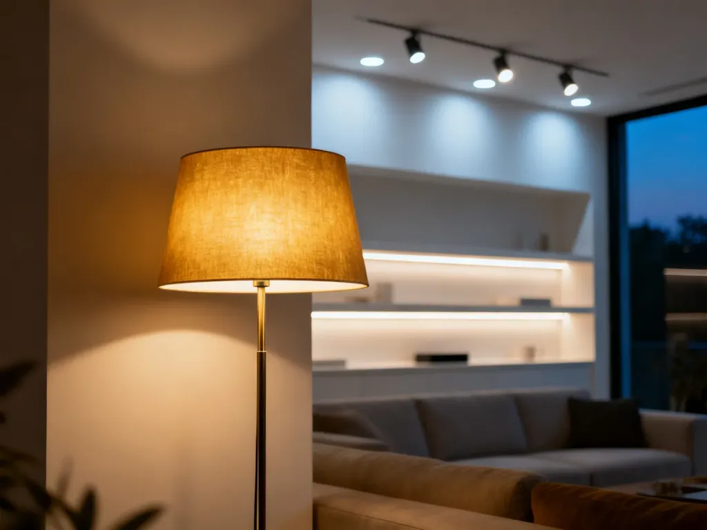 Nowoczesny salon z warstwowym oświetleniem: lampą podłogową, punktowymi reflektorami sufitowymi i subtelnymi listwami LED.