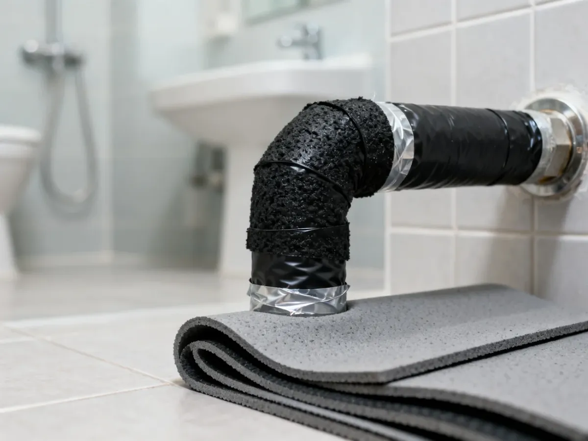 Rura łazienkowa owinięta matą butylową i pianką kauczukową