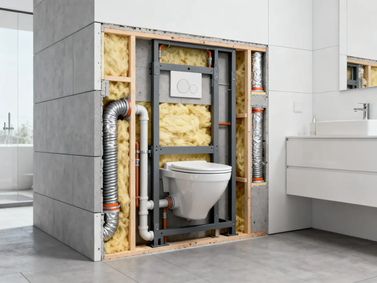 Izolowane rury i wełna mineralna w zabudowie stelaża WC